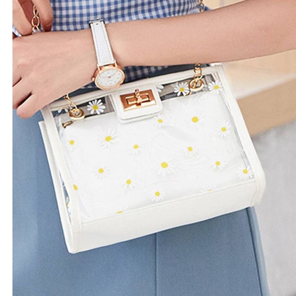 Mini Floral Daisy Transparent Square Crossbody Shoulder Bag Inner Pouch White